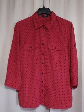 Notations Petite Red Button Front Blouse Black Polka Dots 3/4 Roll-Tab Sleeves